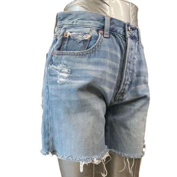 American Eagle Jean Shorts Junior 0  Blue High Rise Distressed Cotton (Sz0 W26) - Picture 6 of 14